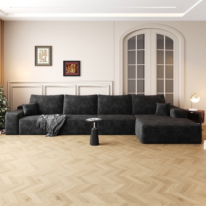 Floor Standing Corduroy Upholstered Modular Deep Seat Sofa L-shaped Sectional Couch with Chaise for Living Room, Apartment - Black
