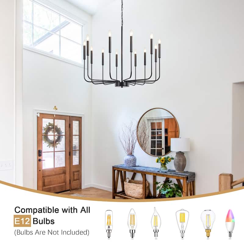 12-Light Rustic Candle Chandelier for Dining Room Living Room - W32.08" x H70.07" - N/A