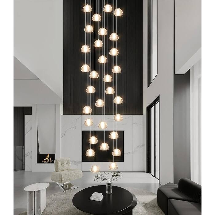 KAYLA 30-Lights Gold Modern Crystal Chandelier for Staircases, 157" Extra-Long Adjustable LED Ceiling Light