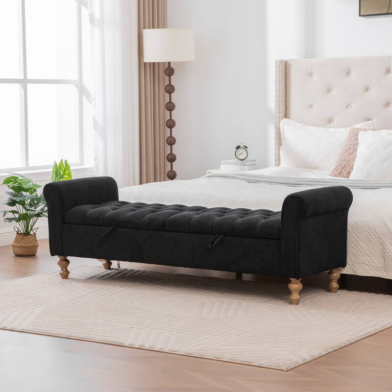 65.7"W Tufted Upholstered Storage Bench With Double Lids,Rubberwood Legs - Black
