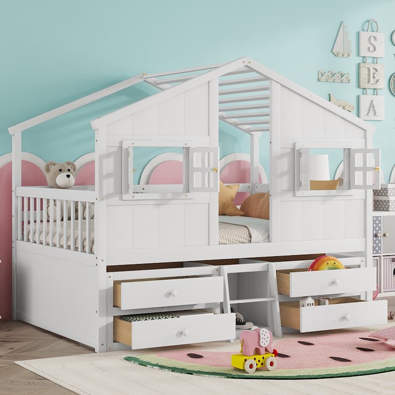 Wooden Loft Bed w/4 Storage Drawers and Roof, Full Size House Loft Pine Wood Bed