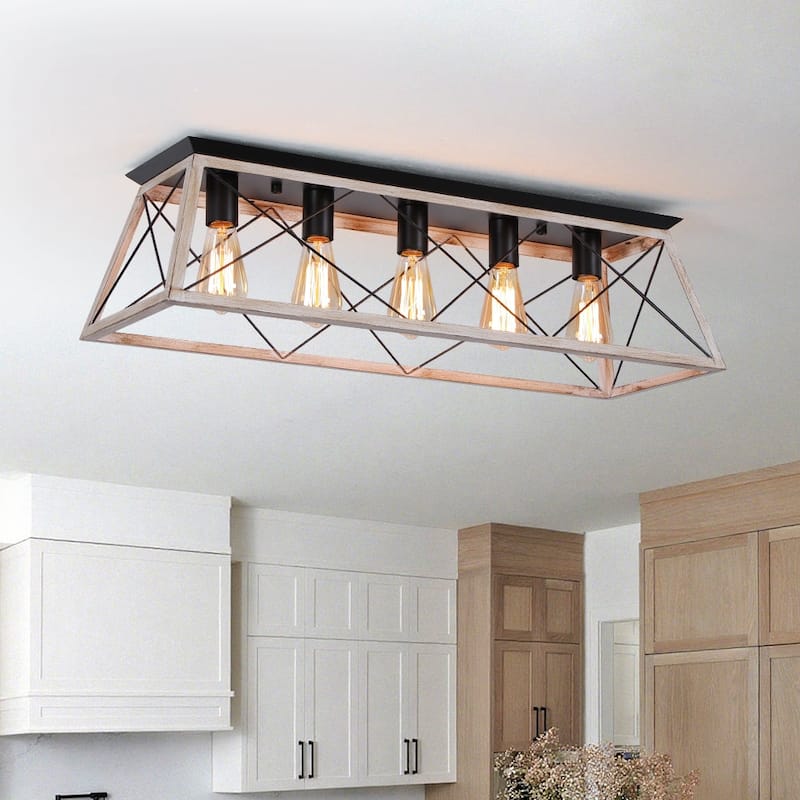 Rustic 5-Light Rectangular Cage Flush Semi Flush Mount - 31.5in