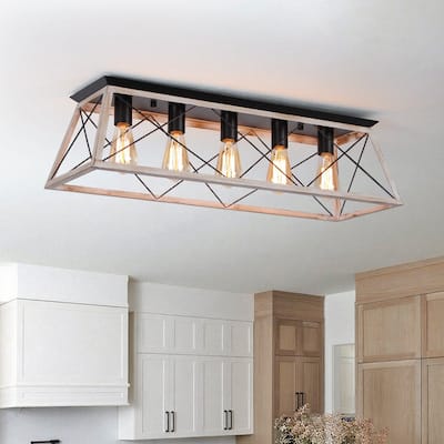 Rustic 5-Light Rectangular Cage Flush Semi Flush Mount - 31.5in