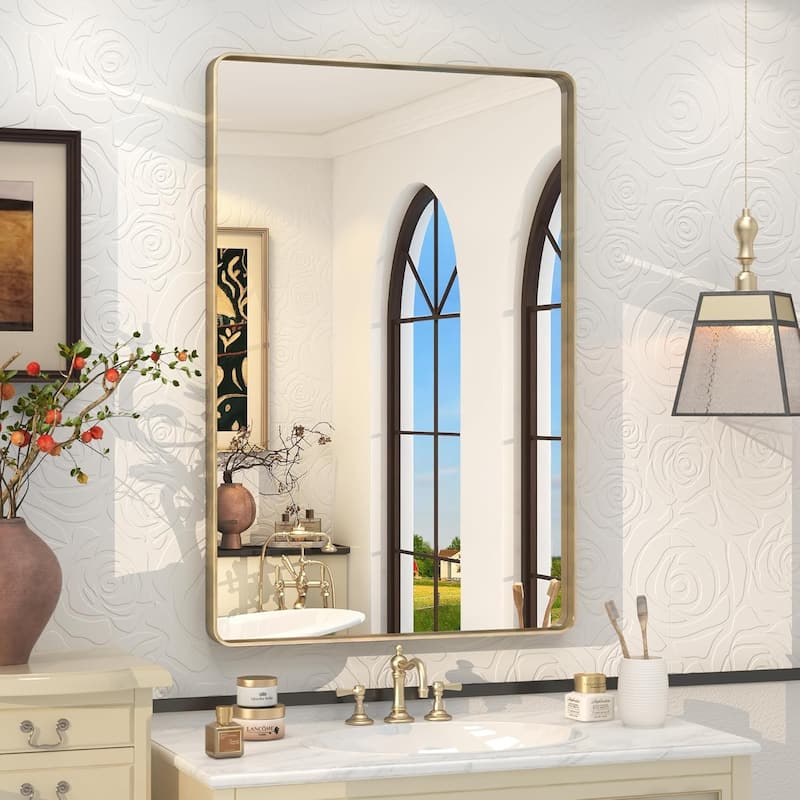 Aluminum Alloy Framed French Cleat Mounted Tempered Glass Wall Vanity Mirror - Gold - 36" x 24"