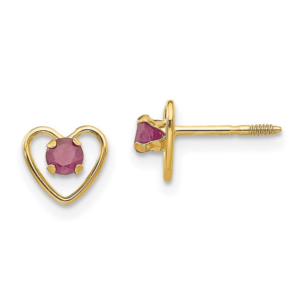 Curata 14k Yellow Gold 6mm Ruby Birthstone Heart Childrens Earrings