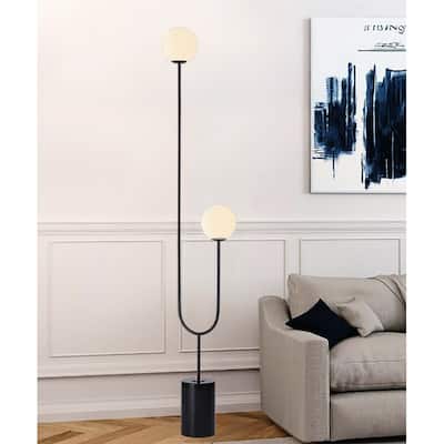 74" High Moon-Like Black Floor Lamp with White Frosted Glass Shade
