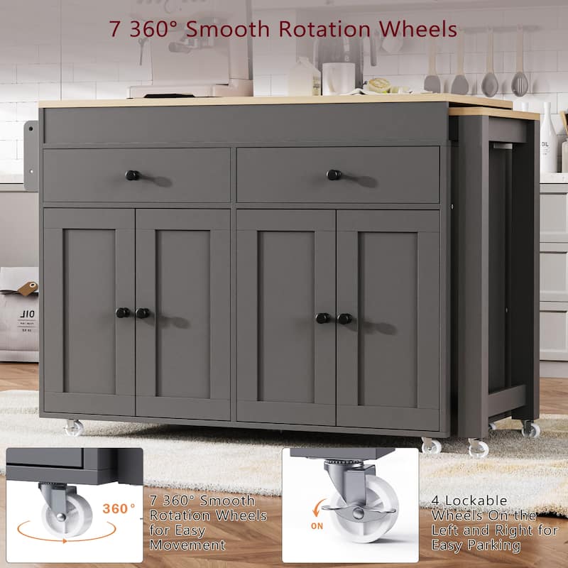 4 Door Kitchen Island Cart with Extendable Dining Table, Rolling Kitchen Island on Wheels with Spice Rack and 2 Drawers