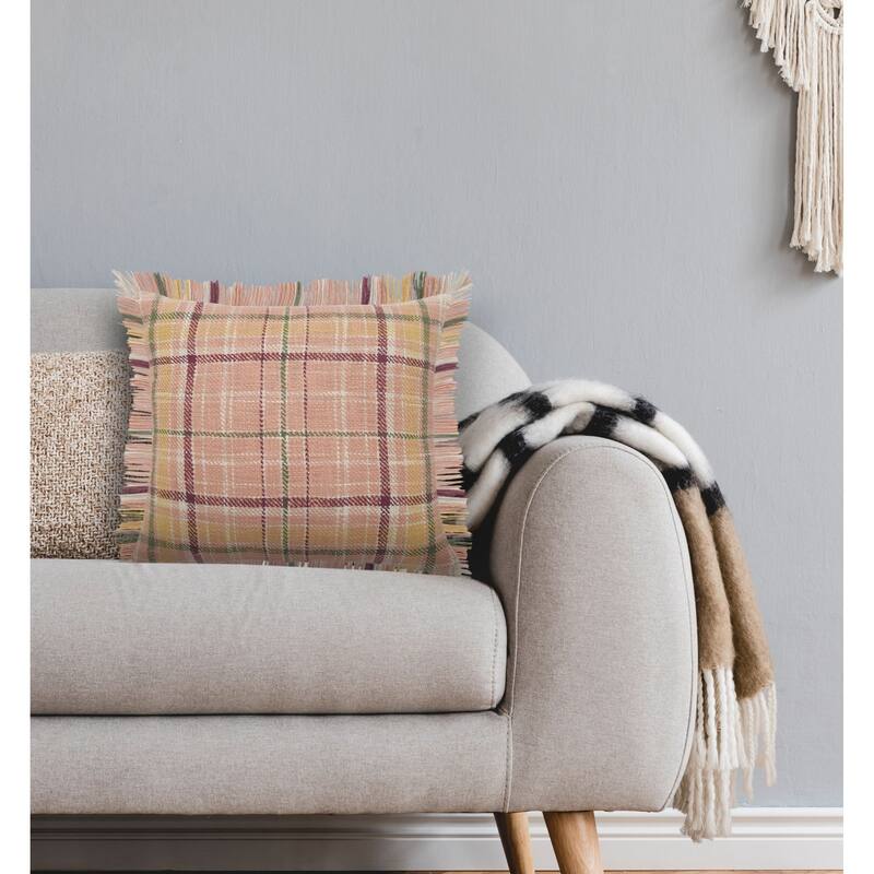 20" Pink and Green Plaid Square Throw Pillow with Fringes