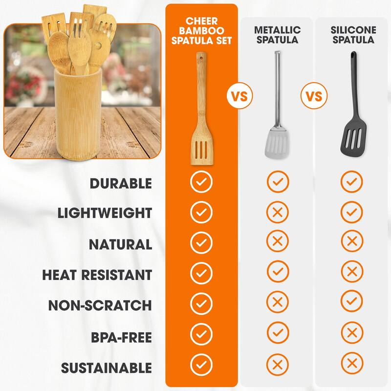 Cheer Collection 8-Piece Bamboo Wooden Cooking Utensils Set with Holder