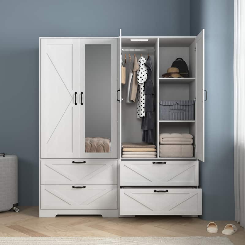 2 Door Wood Wardrobe with Hanging Clothing Rod inside the Cabinet and 2 Drawers, Multifunctional Closet with Mirror