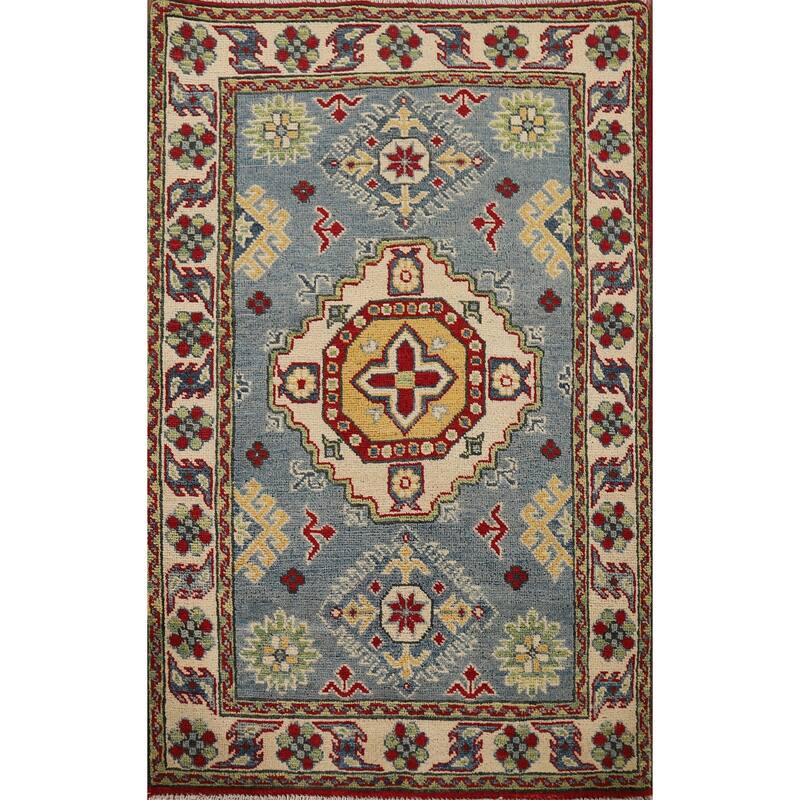 Traditional Light Blue Kazak Foyer Rug Handmade Wool Carpet - 2'8" x 4'1"