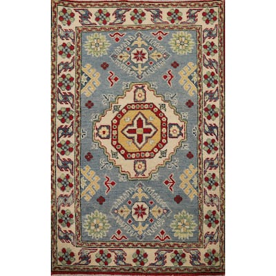 Traditional Light Blue Kazak Foyer Rug Handmade Wool Carpet - 2'8" x 4'1"
