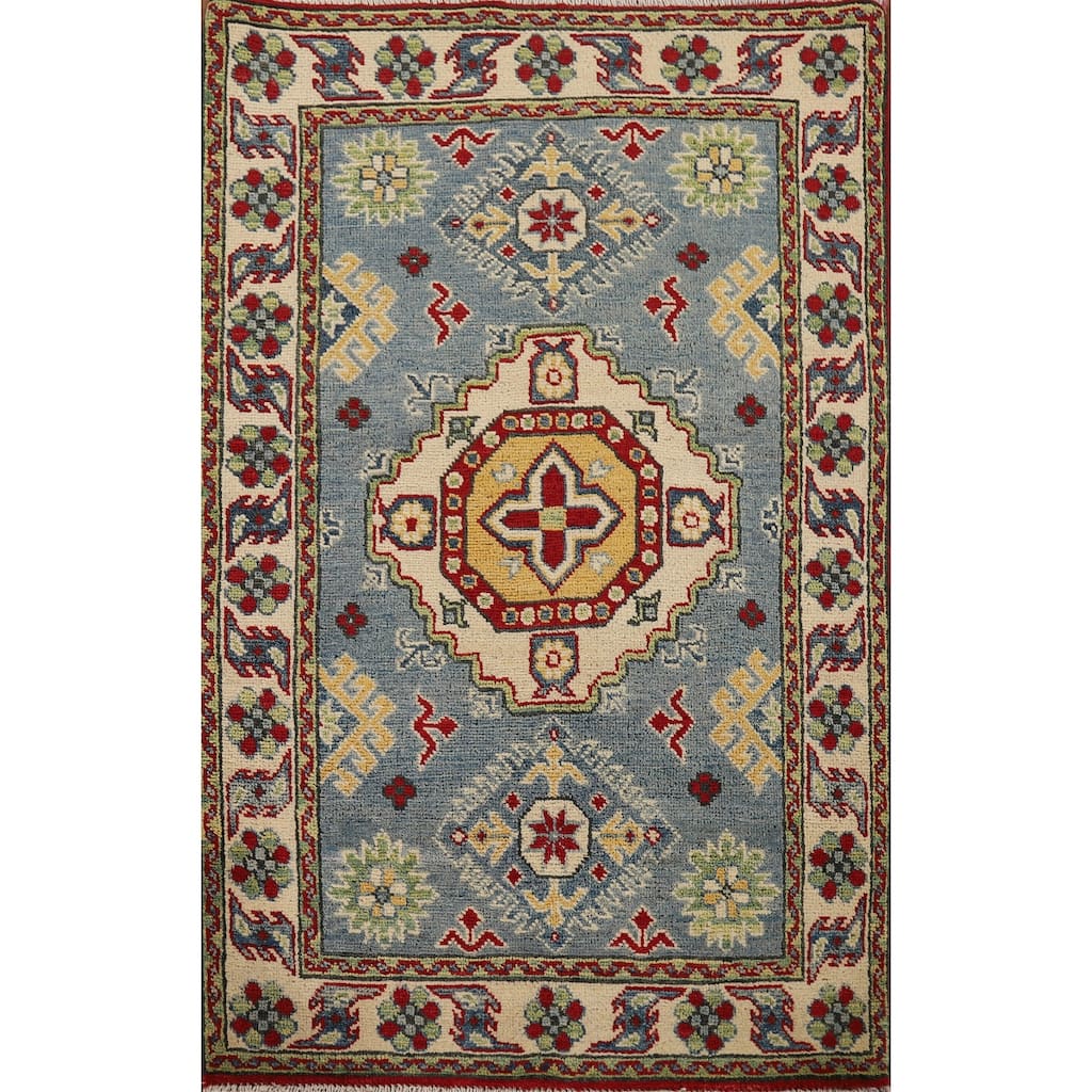 Traditional Light Blue Kazak Foyer Rug Handmade Wool Carpet - 2'8" x 4'1"