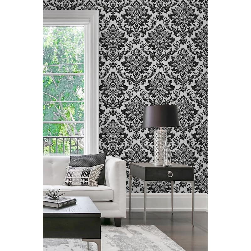NextWall Black Damask Peel and Stick Removable Wallpaper 20.5 in. W x