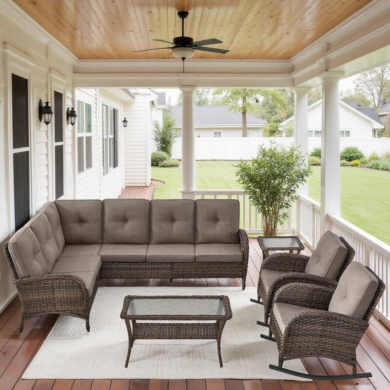 Outdoor Conversation Sofa Rocker Chair Table - Brown - Grey