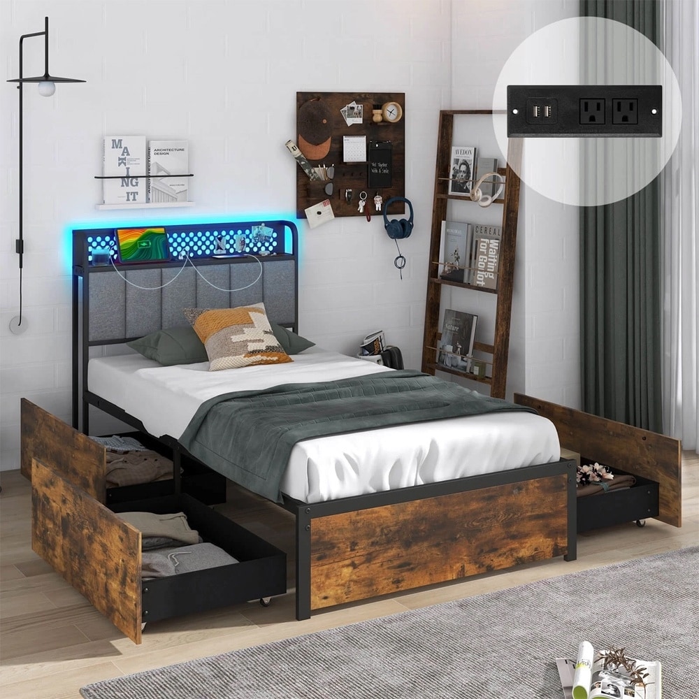 LED Bed Frame Twin Charging Station Upholstered Headboard 4 Drawers