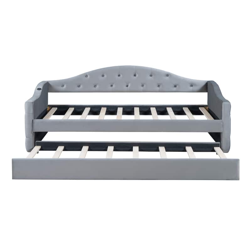 Wooden Slat Daybed Frame, Tufted Upholstered Sofabed with Trundle Bed, USB & Type-C Charging Ports on Armrest, Velvet Panel Bed