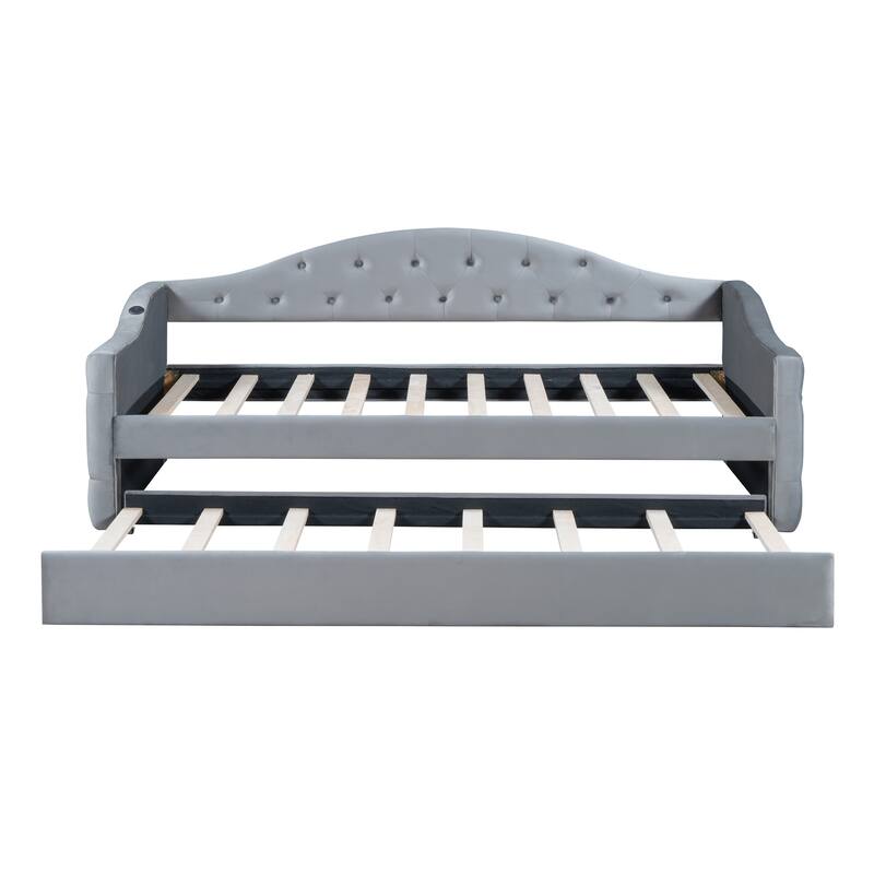 Twin Size Tufted Velvet Daybed with Trundle, USB & Type-C Charging, No Box-Spring Needed