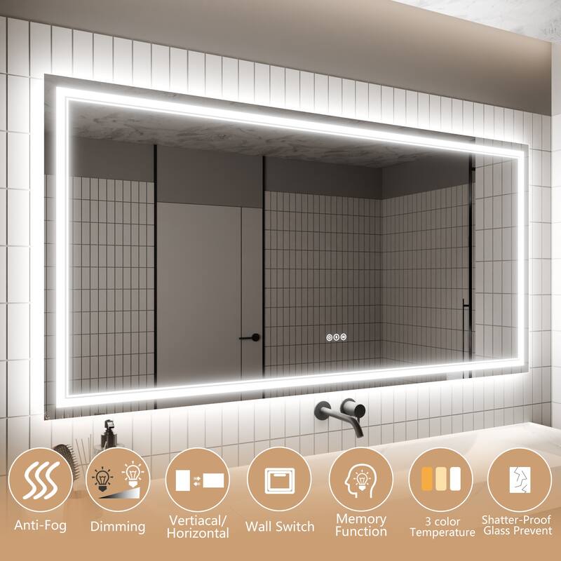 36''×72'' Wall-Mounted Bathroom Vanity LED Mirror with Anti Fog, Dimmable Touch Button, Front and Back Light