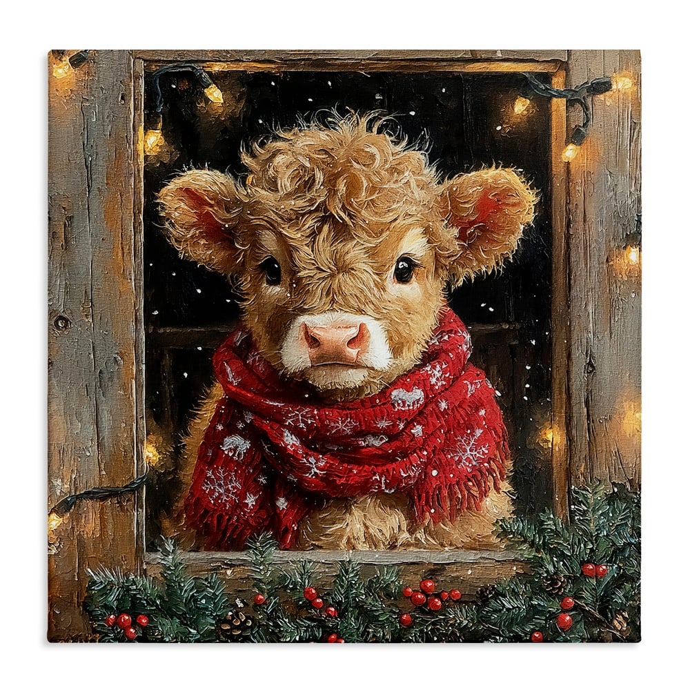 Stupell Calf with Holly & Lights Garland Canvas Wall Art Design By Riley B