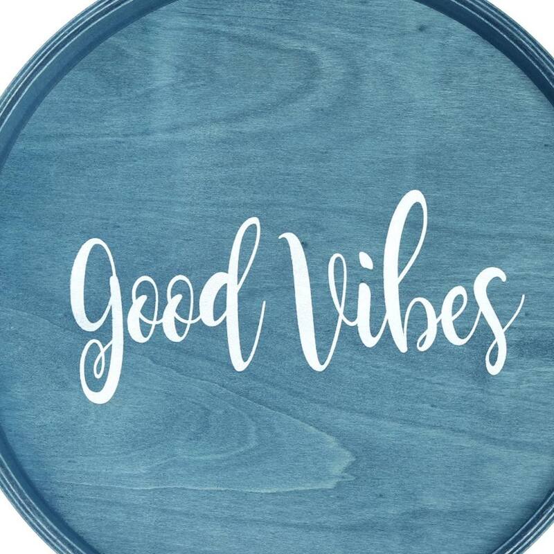 HomeRoots 14" Teal Blue And White Good Vibes Round Serving Tray With Handles - 13.75 in. x 1.65 in. x 13.75 in.