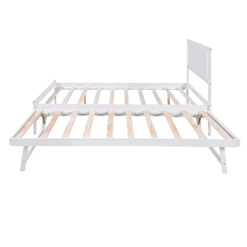 Modern Full Size Pine Wood Platform Bed with Adjustable Trundle for Bedroom