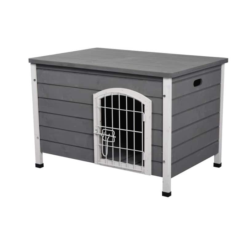 PawHut 21'' Wooden Decorative Dog Cage Kennel Wire Door with Lock Small Animal House with Openable Top Removable Bottom Gray - Grey