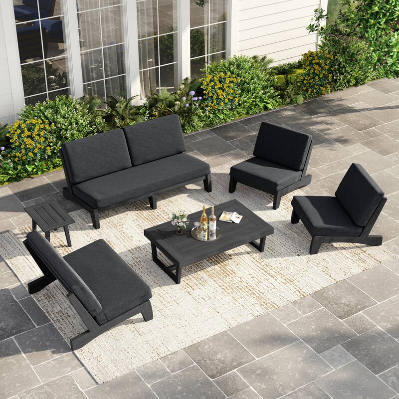 Casual Large Teak Outdoor Patio Conversation Set - Dark Wood - Dark Grey-6 Piece