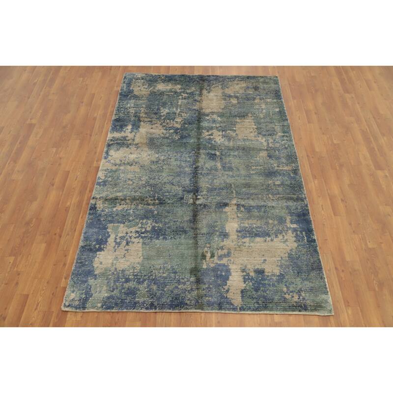 Hand Knotted Oriental Viscose Silk Carpet Modern Abstract Green Abstract Area Rug - 7' 11'' X 5' 0''