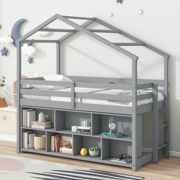 slide 2 of 10, Gray Twin Size Wood House Loft Bed with Roof Frame Gray