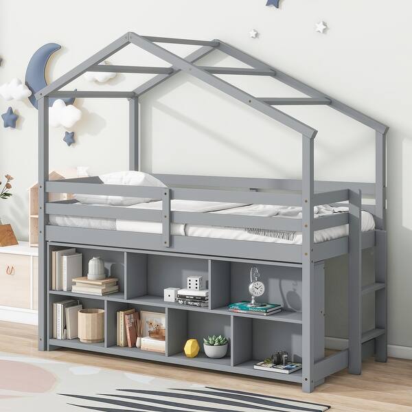 slide 2 of 20, Twin House Loft Bed with Roof Frame Grey