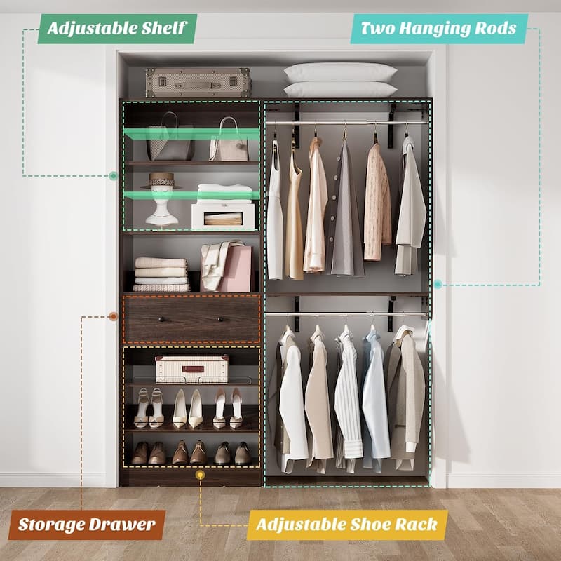 5FT Closet System with 2 Hanging Rods and Wooden Drawer, Walk-in Closet Organizer with 2 Wing Shelve and Adjustable Rack Shelves