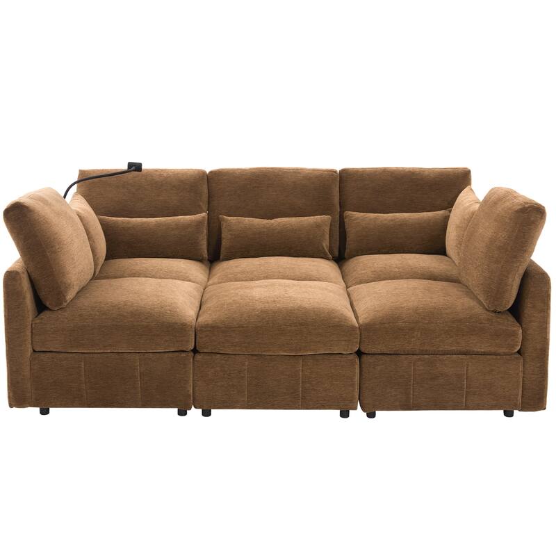 Modern Sectional Modular Sofa with a Movable Ottoman and Two USB Ports and a Phone Holder