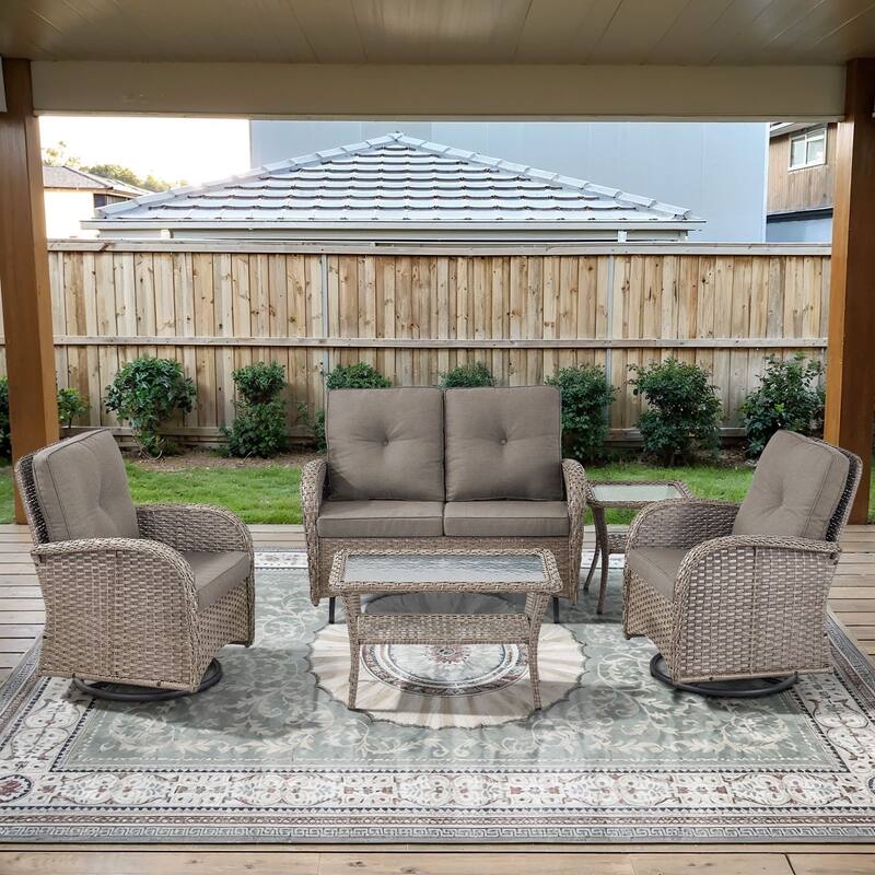 Gymojoy Outdoor Wicker Patio Furniture Loveseat Glider & Chair Set Weather-Resistant - Grey Wicker / Grey Cusion - 5-Piece - Loveseat Glider & Swivel Chairs