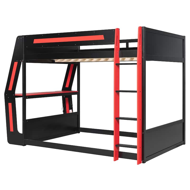 Esports Loft Bed Full Over Full Bunk Bed Frame with Side Mounted Desk, Light Strip, Charging Station and Cable Grommet