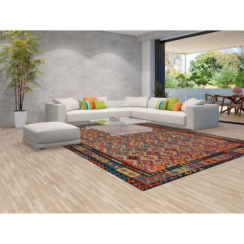 All-Over Trellis Kilim Oriental Area Rug Hand-Woven Wool Carpet - 9'10"x 12'11"
