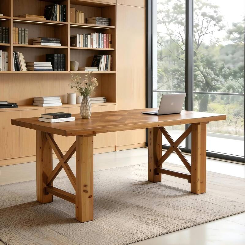 Solid Wood Computer Desk, 63-Inch Office Desk, Executive Study Table for Home Office, Large Legroom - Brown