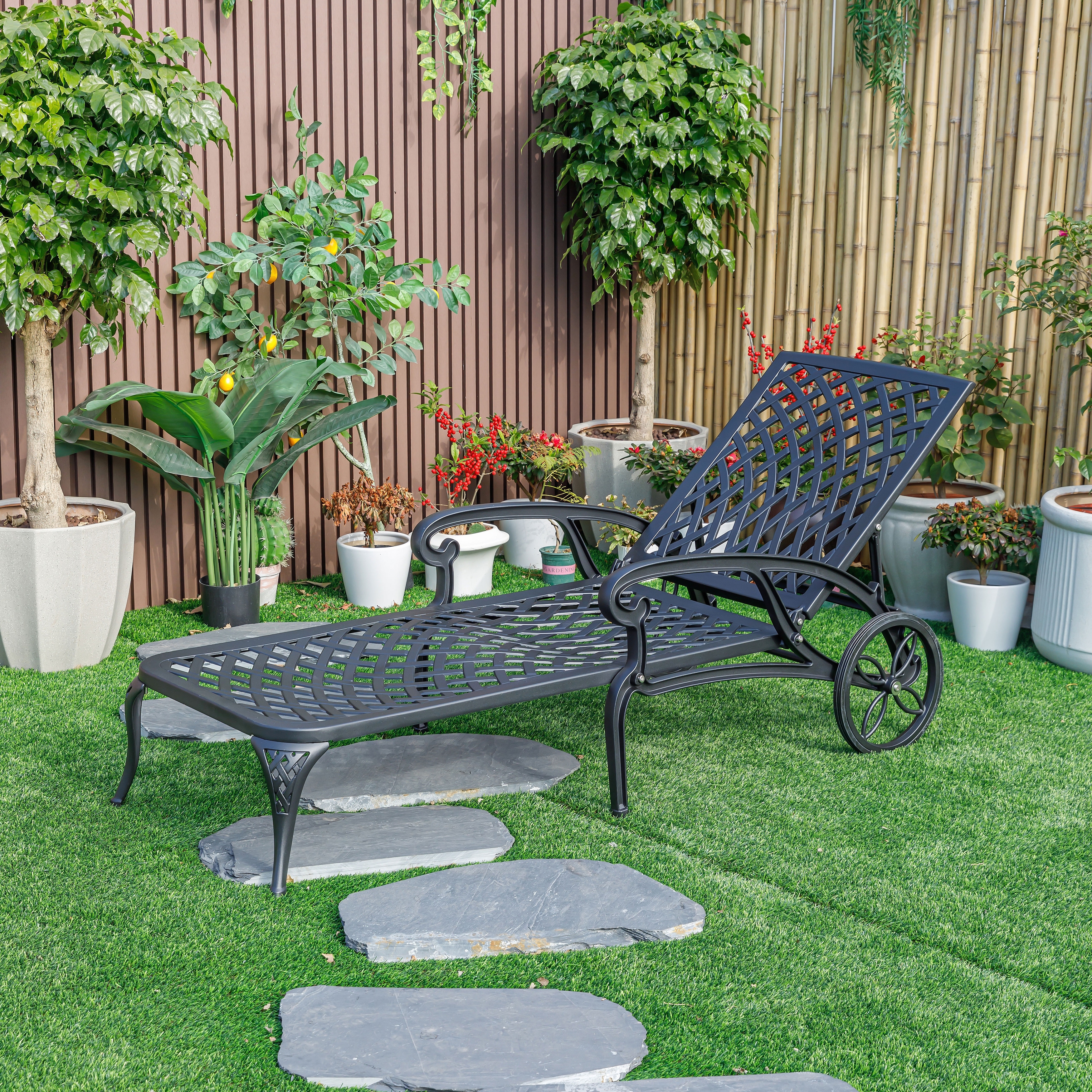Black Metal Chaise Lounge Outdoor All Weather Garden Bench