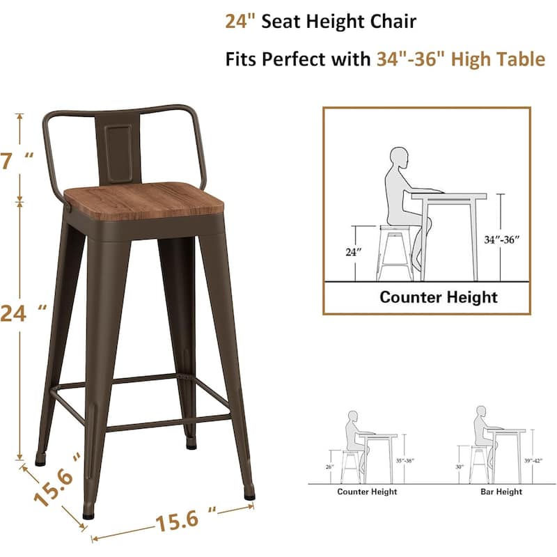 Counter Stools with Metal Frame Counter Height Bar stools with Low Back 24" Kitchen Bar Furniture Stools with Wooden Seat