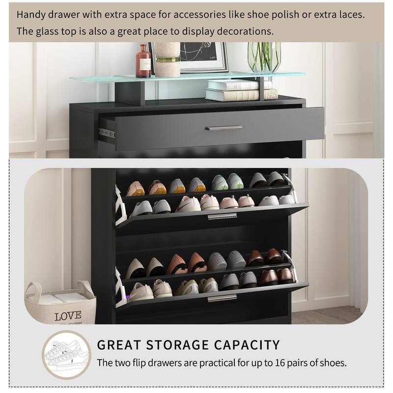 Contemporary Shoe Rack Storage Cabinet with Adjustable Shelves, Tempered Glass Top and LED Lighting, for Hallway Organize