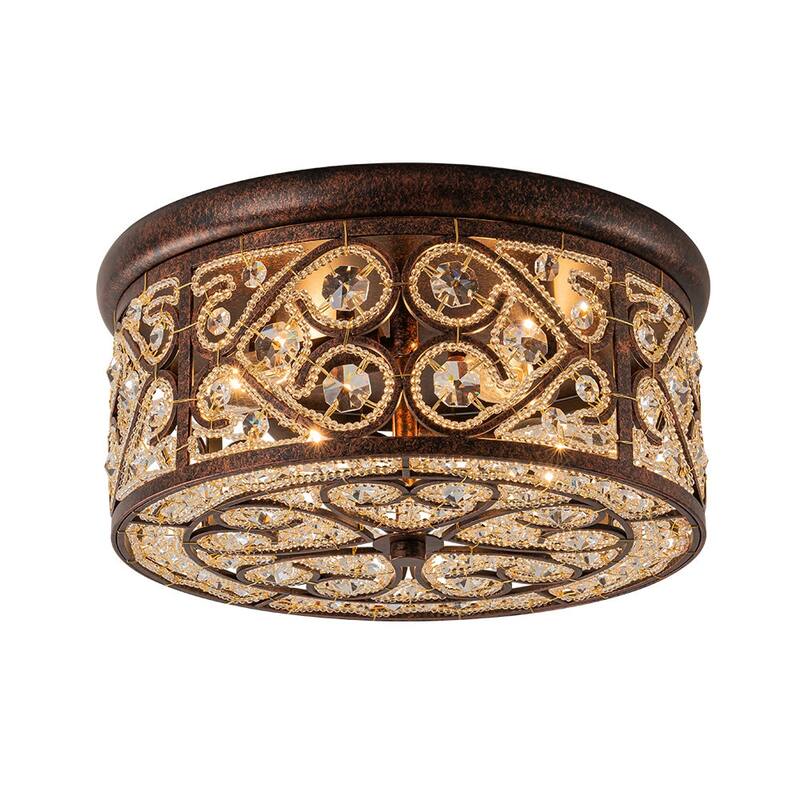 Spanish Vintage Crystal Bronze Drum Flush Mount Light - 13.8in