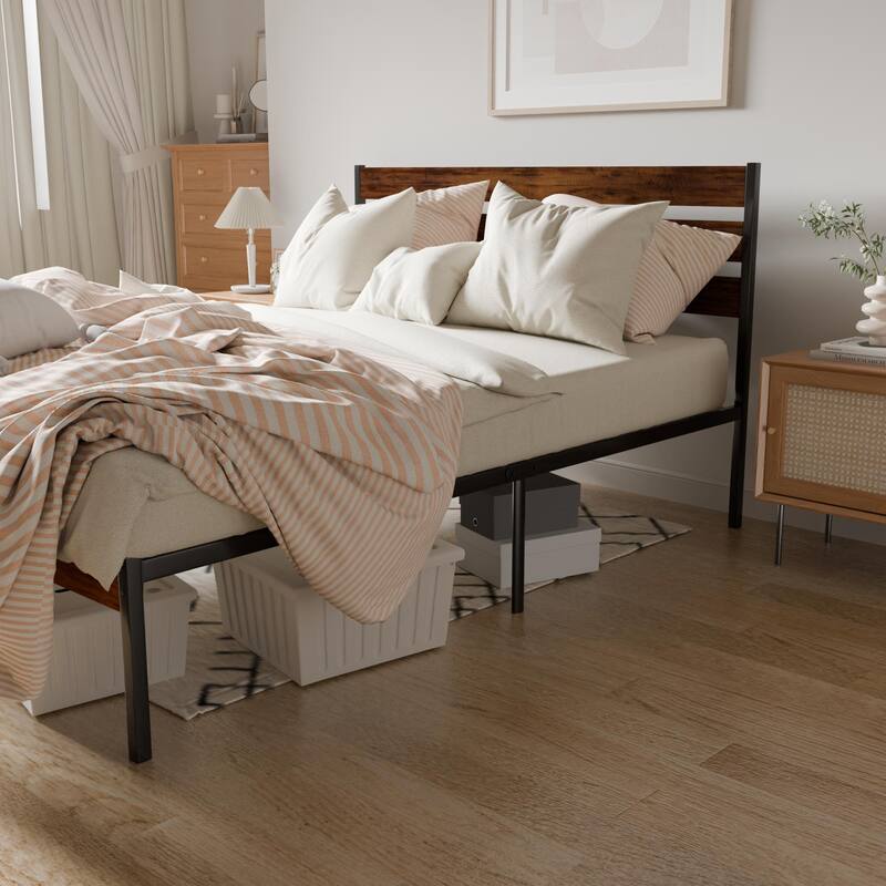 Queen Platform Bed with Wooden Headboard, Underbed Storage & Non-Slip Support