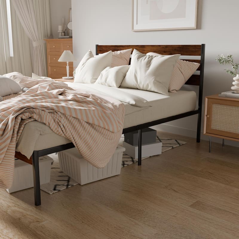 Queen Size Iron Platform Bed Frame with Wood Headboard and Footboard