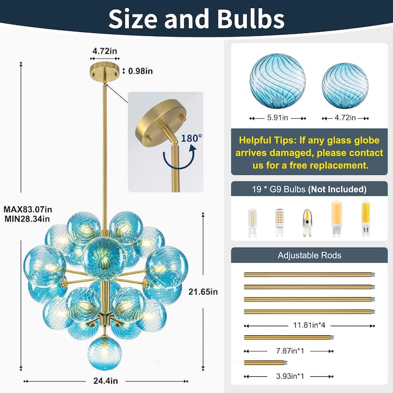 Starsky 19-Light Glam Tiered Cluster Blue Swirled Bubble Chandelier - Beige