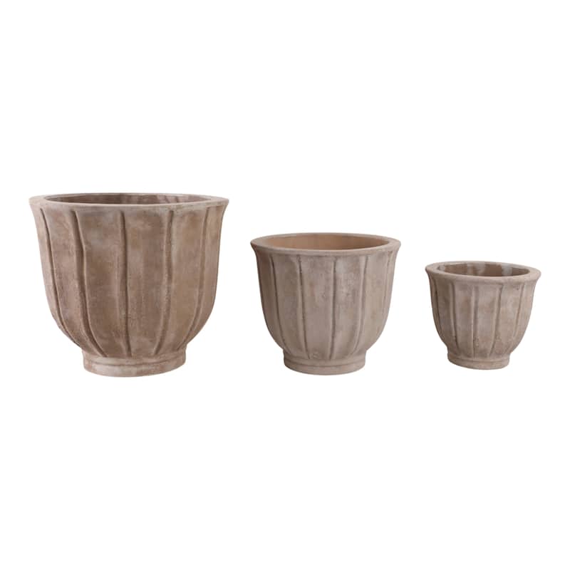 Pottery Clay Planters with Petal Ribbed Detailing (Set of 3) - 15" x 15" x 13" - White/ Gold