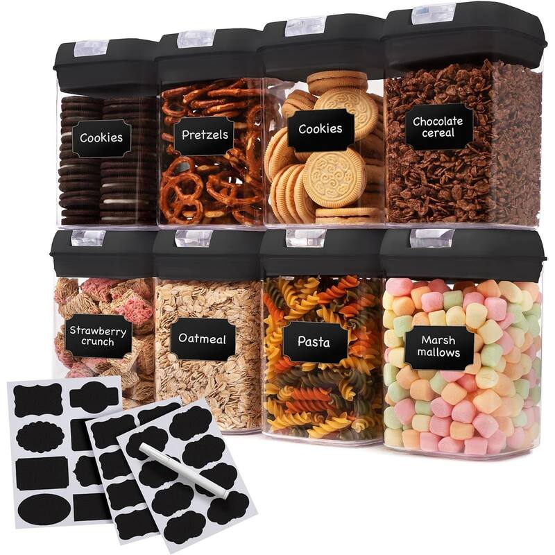 Cheer Collection Set of 8 Uniform Size Airtight Food Storage Containers - Black