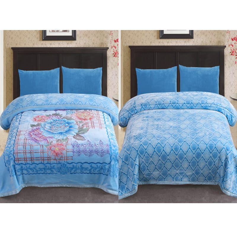 Reversible 10.5 Pounds Plush Fleece Blankets, 2 PLY A&B Design 87" x 95" Bed Blankets for Winter - Blue Floral