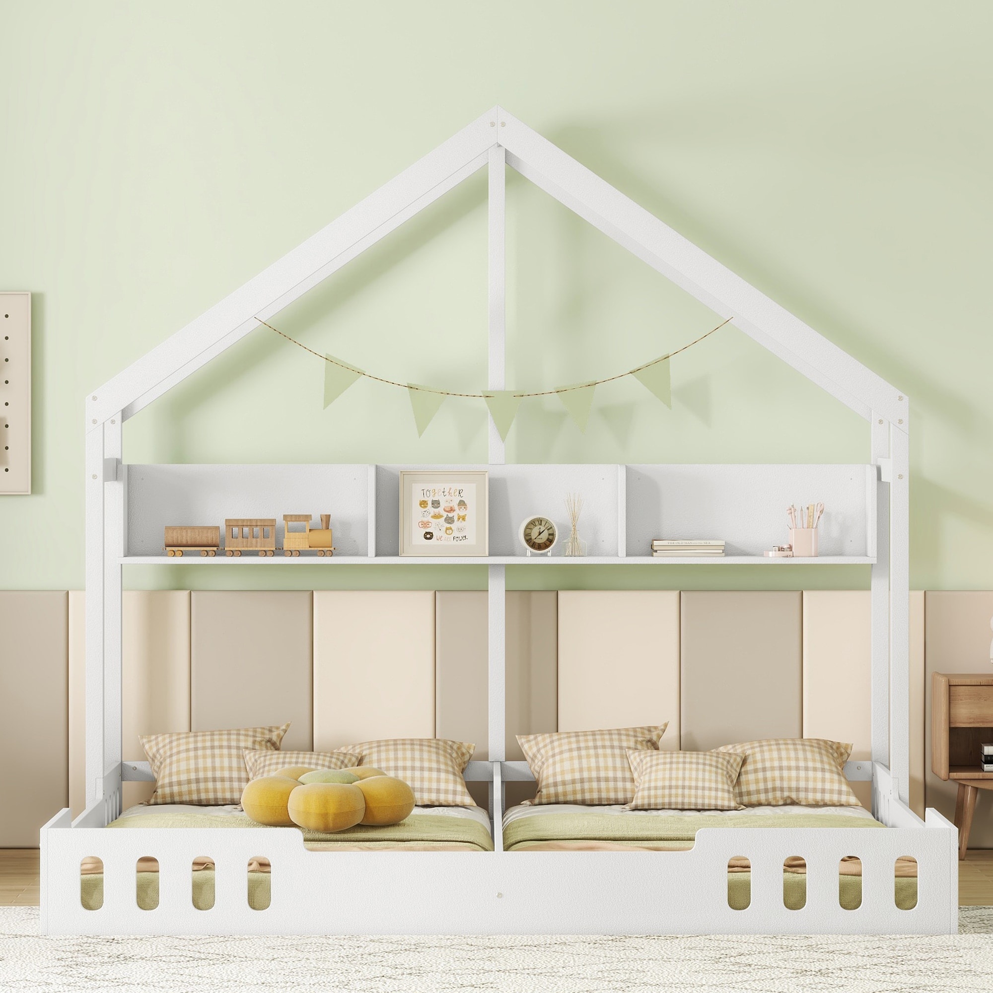 Twin House Bed for Kids Wood Double Twin Beds Frame with Shelves and Guardrail Monressori Floor Bed Two Shared Beds