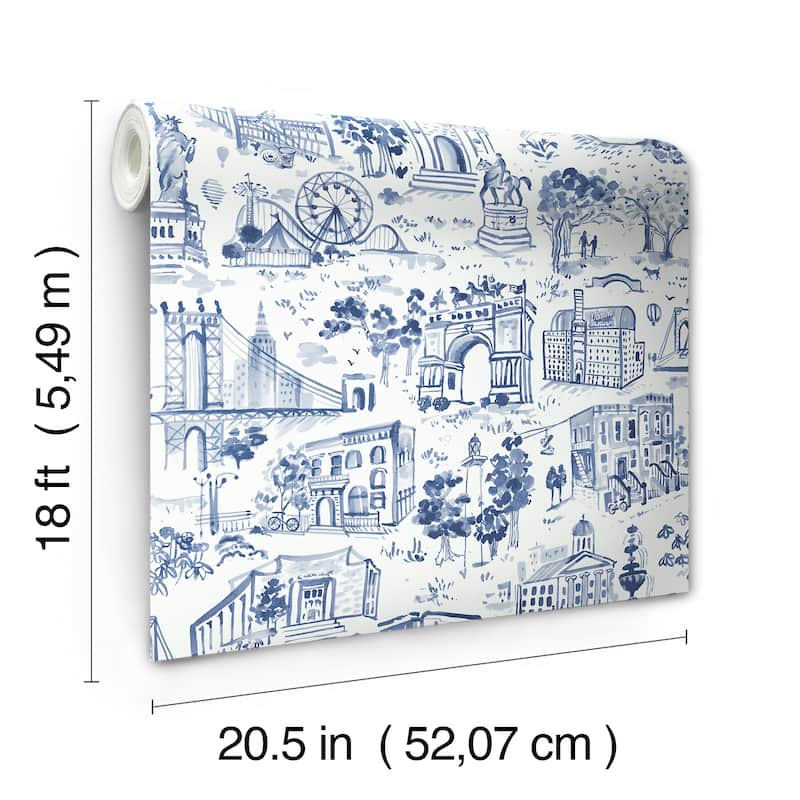 NuWallpaper Brownstone Boys Toile de New York Navy Peel and Stick Wallpaper - N/A