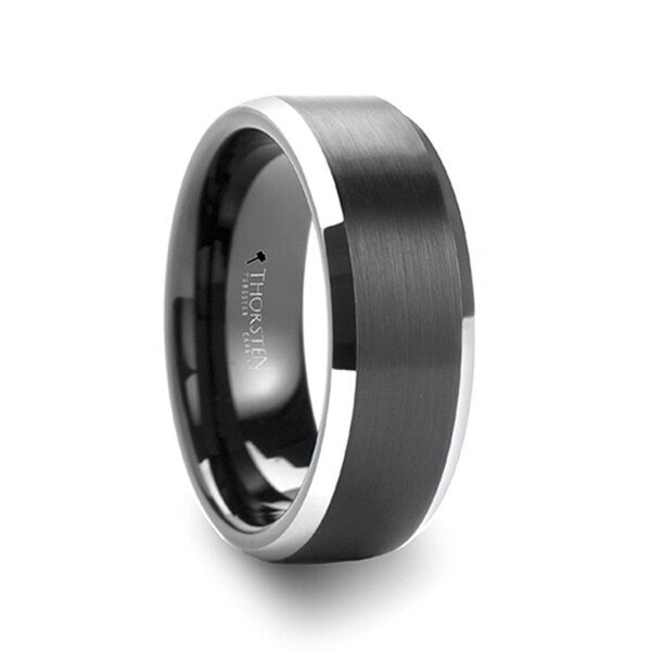 THORSTEN - ASTON Black Brushed Center Tungsten Wedding Ring with Polished Beveled Edges - 7mm